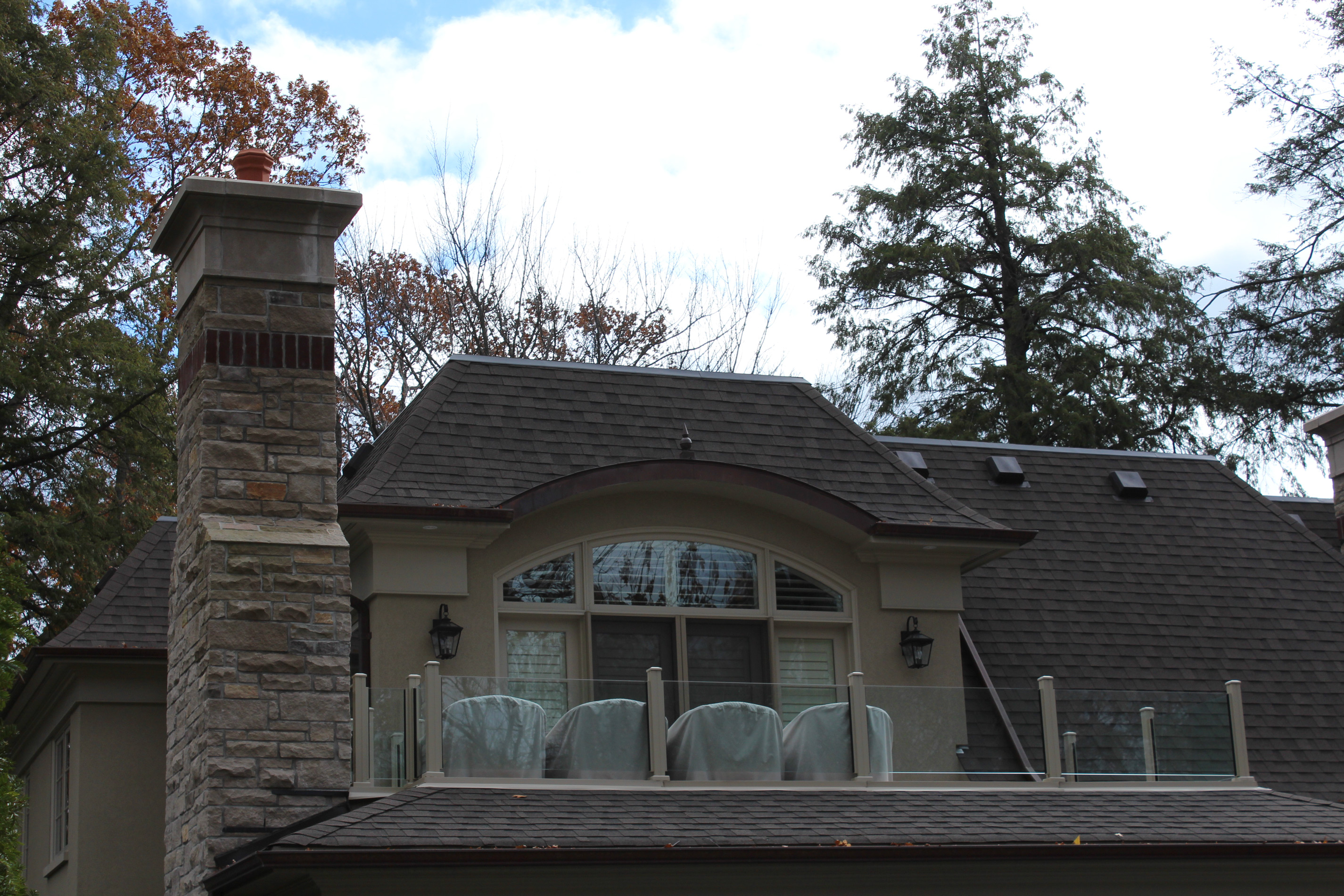 Outdoor Fireplace stone chimney - Stone colour is Eramosa Saw Cut